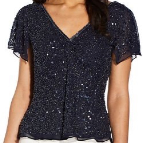 Adrianna Papell Tops - Adrianna Papell Sequin Beaded Flutter Sleeve Top